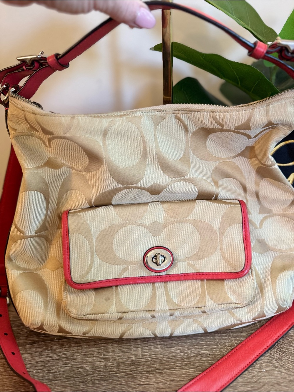 Coach Beige Signature Canvas Crossbody with Coral Trim